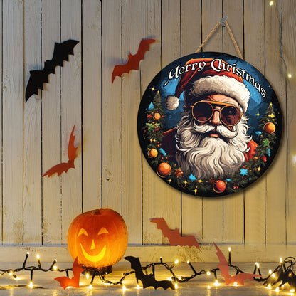 Teesdily | Cool Santa Claus Merry Christmas Retro Style Wood Sign God Father Santa Jingle Bell Winter Christmas Coming Front Door Sign