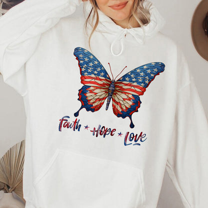 Teesdily | Jesus Butterfly American Flag Shirt, Faith Hope Love US Pride Patriotic T-shirt, Independence Day Sweatshirt Hoodie, Butterfly Lover Gifts