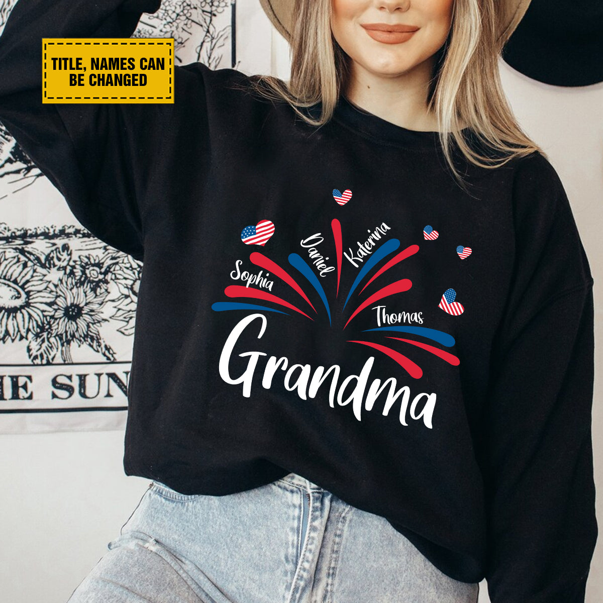 Teesdily | Customized Grandma American Flag Shirt, Fireworks Heart Mom Sweatshirt, Mama And Kids T-Shirt, Mom Papa Mug Cup, Independence Day Gifts