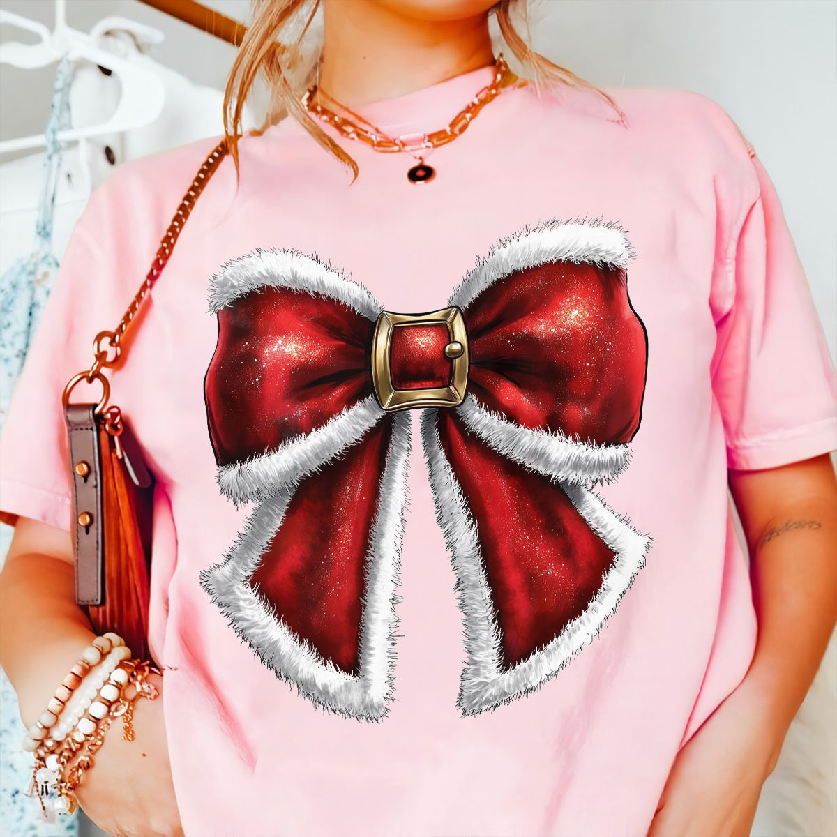 Teesdily | Santa Bow Shirt, Noel Santa Bow Sweatshirt, Coquette Christmas Tshirt, Merry Christmas Hoodie Mug, Christmas Coquette Bow Gift