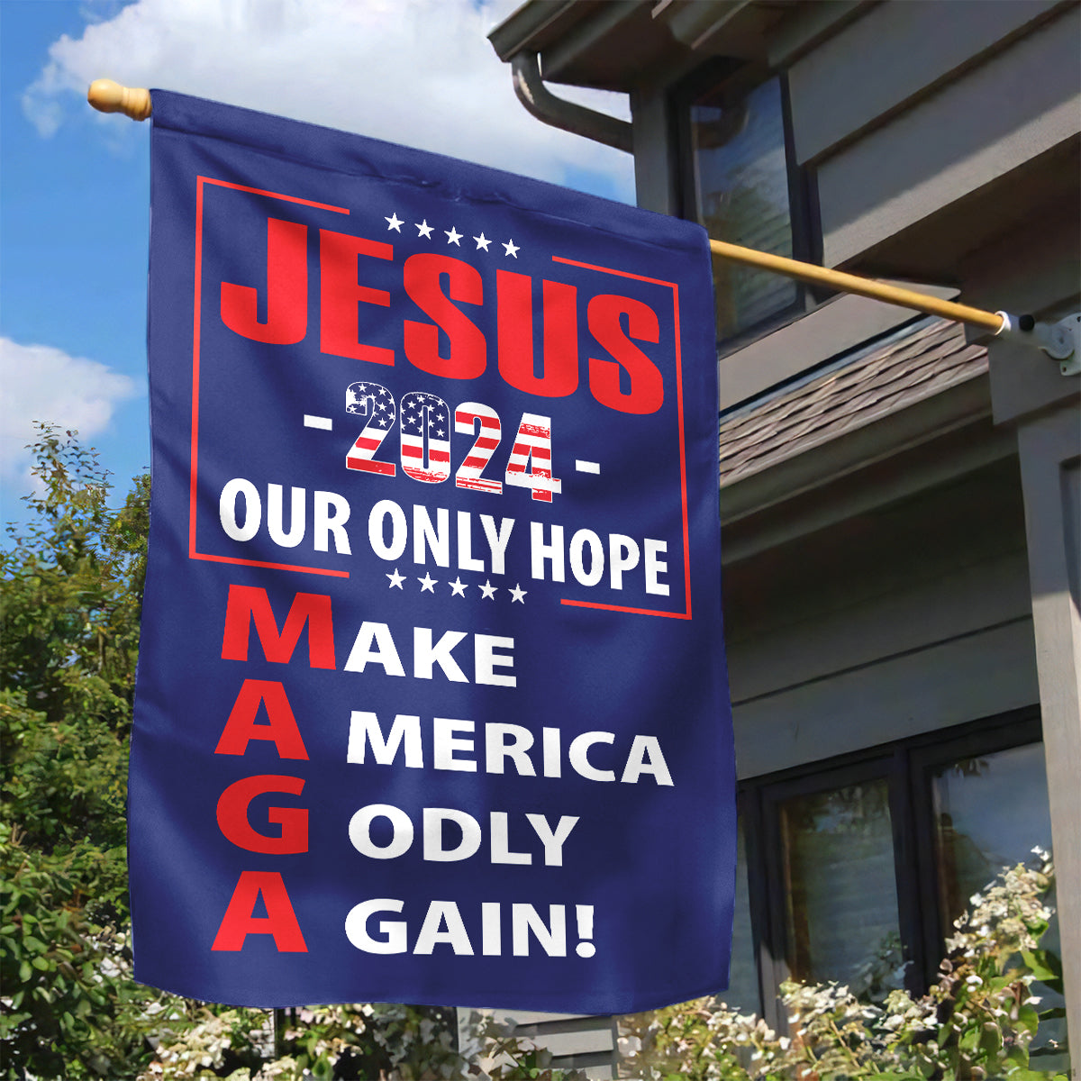 Teesdily | American Flag Jesus Christ House Flag, Jesus 2024 Our Only Hope Make America Godly Again Garden Flag, Patriotic Flag, Outdoor Decor Gifts