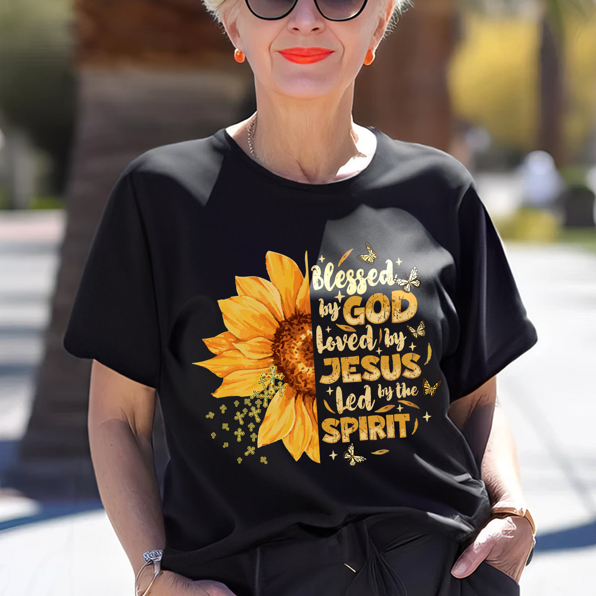 Teesdily | Jesus Christ Sunflower Tshirt, Blessed By God Loved By Jesus Sweatshirt Hoodie Mug, Jesus Cross Butterfly Shirt, Christian Girl Gifts