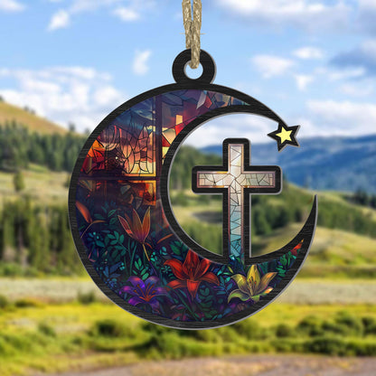 Teesdily | Stained Glass Jesus Cross Suncatcher Ornament, Christian Cross Suncatcher Acrylic Car Hanging Ornament, Christian Christmas Decoration