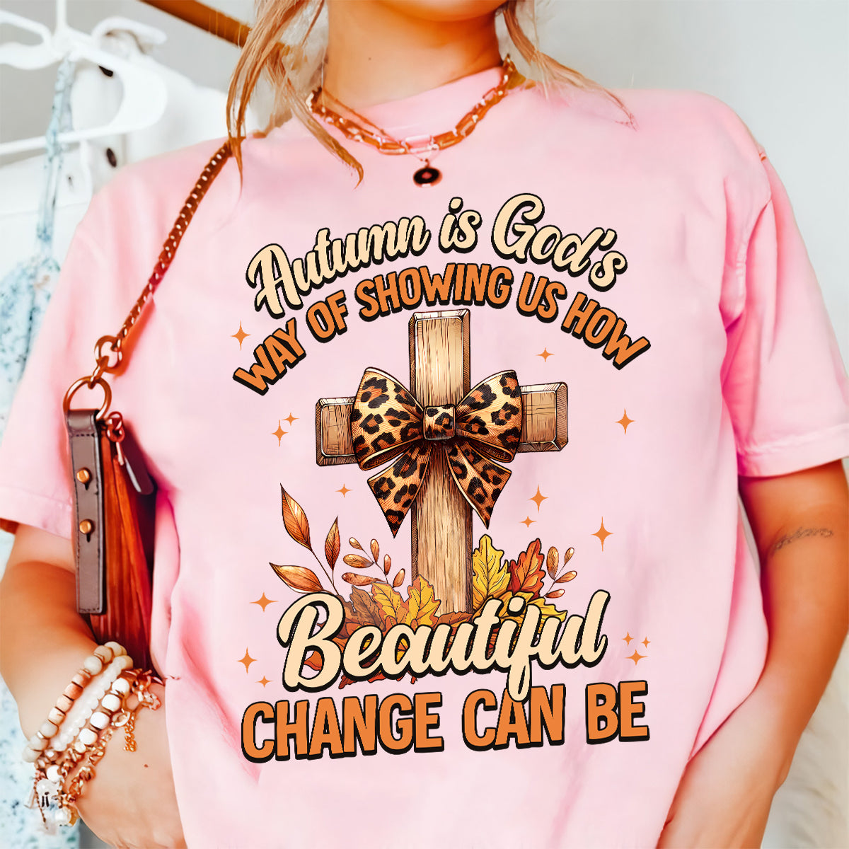 Teesdily | Jesus Cross Coquette Bow Thanksgiving Shirt, Autumn Is God's Way Tee Sweatshirt Hoodie Mug, Thanksgiving Jesus Gift