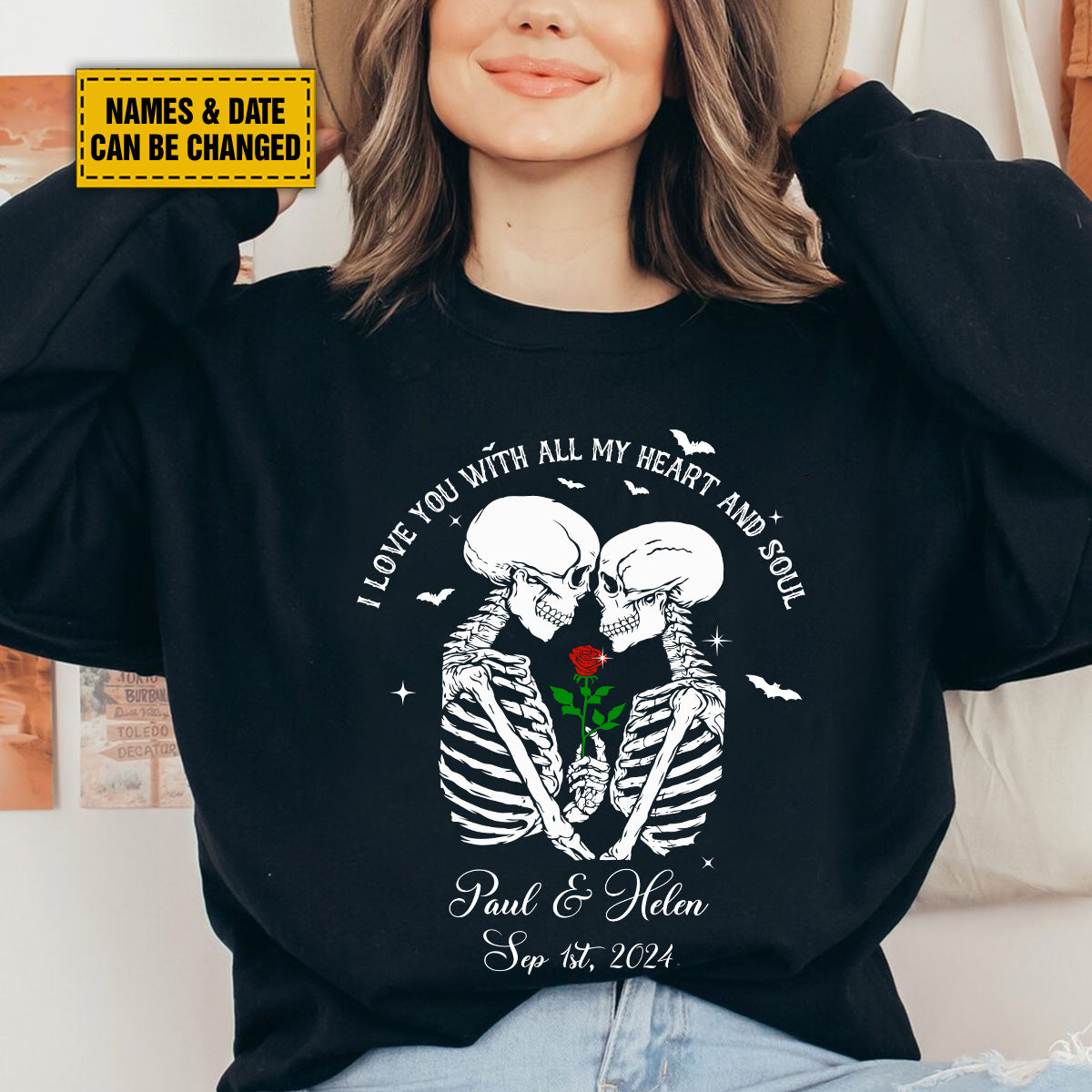 Teesdily | Customized Skull Couple Halloween Shirt, I Love You With All My Heart And Soul Sweatshirt Hoodie Mug, Couple Skull T-shirt, Halloween Gift