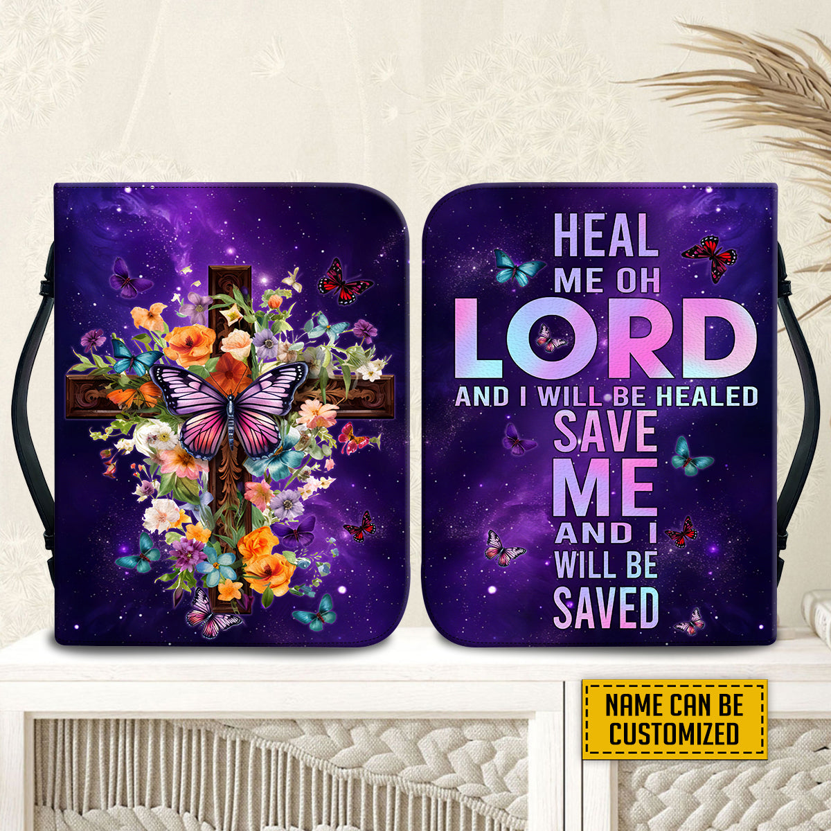 Teesdily | Jesus Cross Floral Customized Bible Cover Heal Me Oh Lord And I Will Be Healed Bible Case Butterfly Galaxy Print Gift For Women In Faith