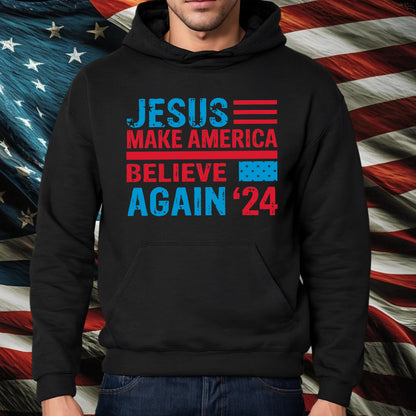 Teesdily | American Flag Jesus Shirt, Jesus Make America Believe Again '24 Tee Sweatshirt Hoodie Mug, Christian American Pride Gift, Patriotic T-shirt