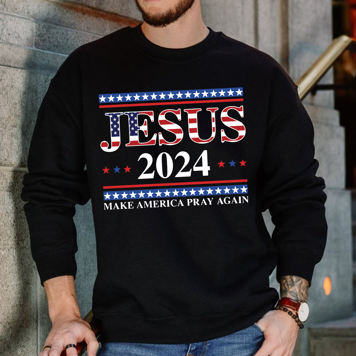 Teesdily | Jesus American T-shirt, Jesus 2024 Make America Pray Again Tee Sweatshirt Hoodie Mug, Christian Patriotic Shirt, Jesus Lovers Gifts