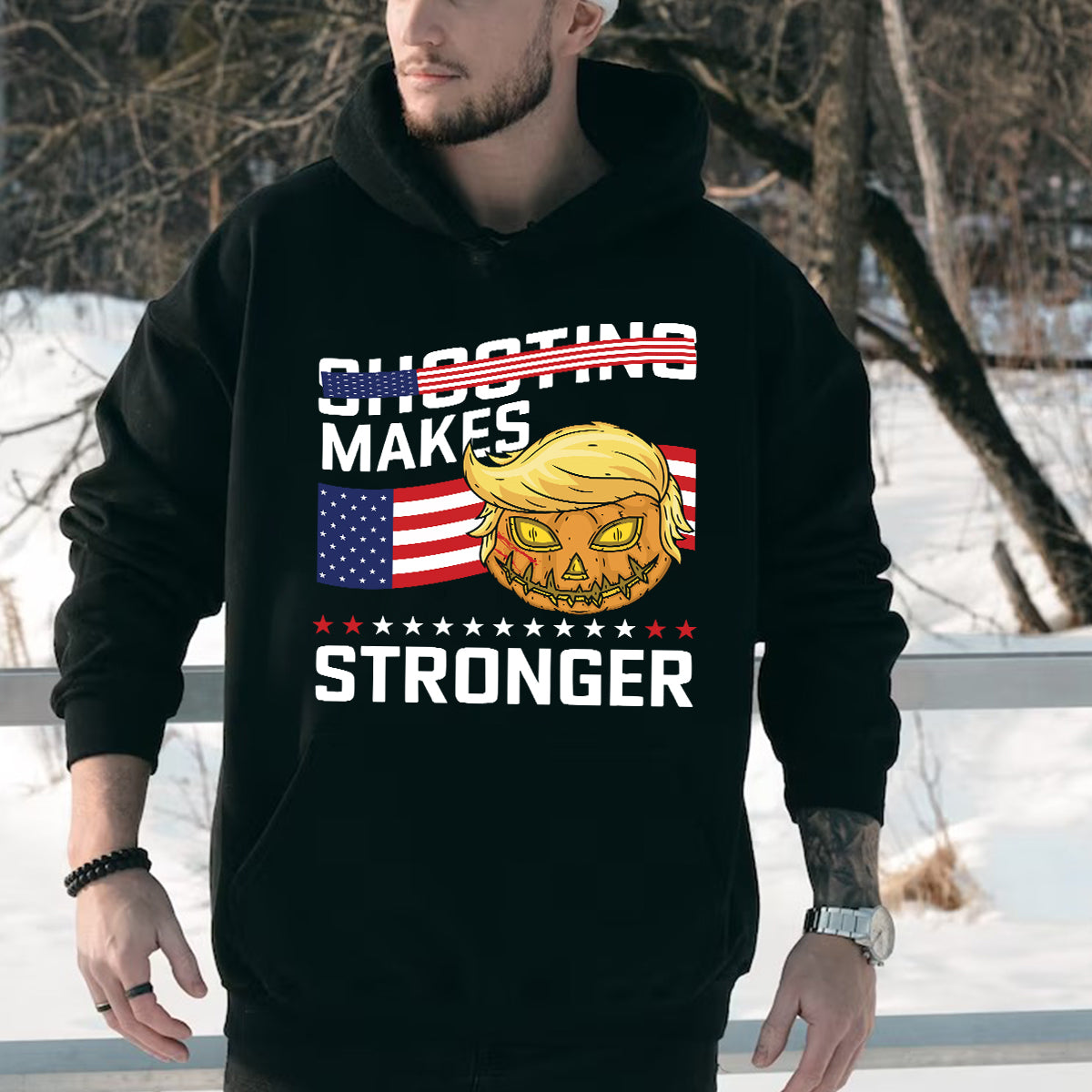 Teesdily | Halloween Pumpkin Shirt, Shoooting Makes Stronger Shirt, Pumpkin American Flag Hoodie Sweatshirt, Fight For America, Halloween Holiday Gift