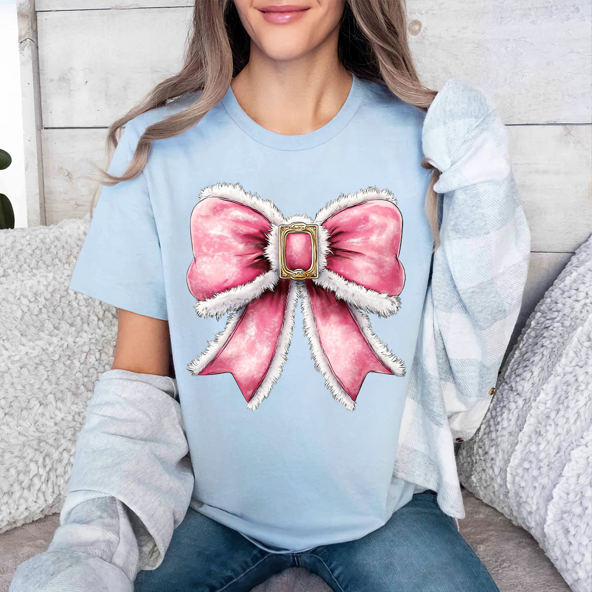 Teesdily | Pink Bow Christmas Shirt, Christmas Coquette Sweatshirt, Pink Coquette Bow Santa Hoodie Mug, Matching Family Gift