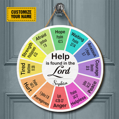 Teesdily | Personalized God Bible Verse Emotion Wheel Wood Sign Help Is Found In The Lord House Door Sign Decor Christian Custom Gift Ideas