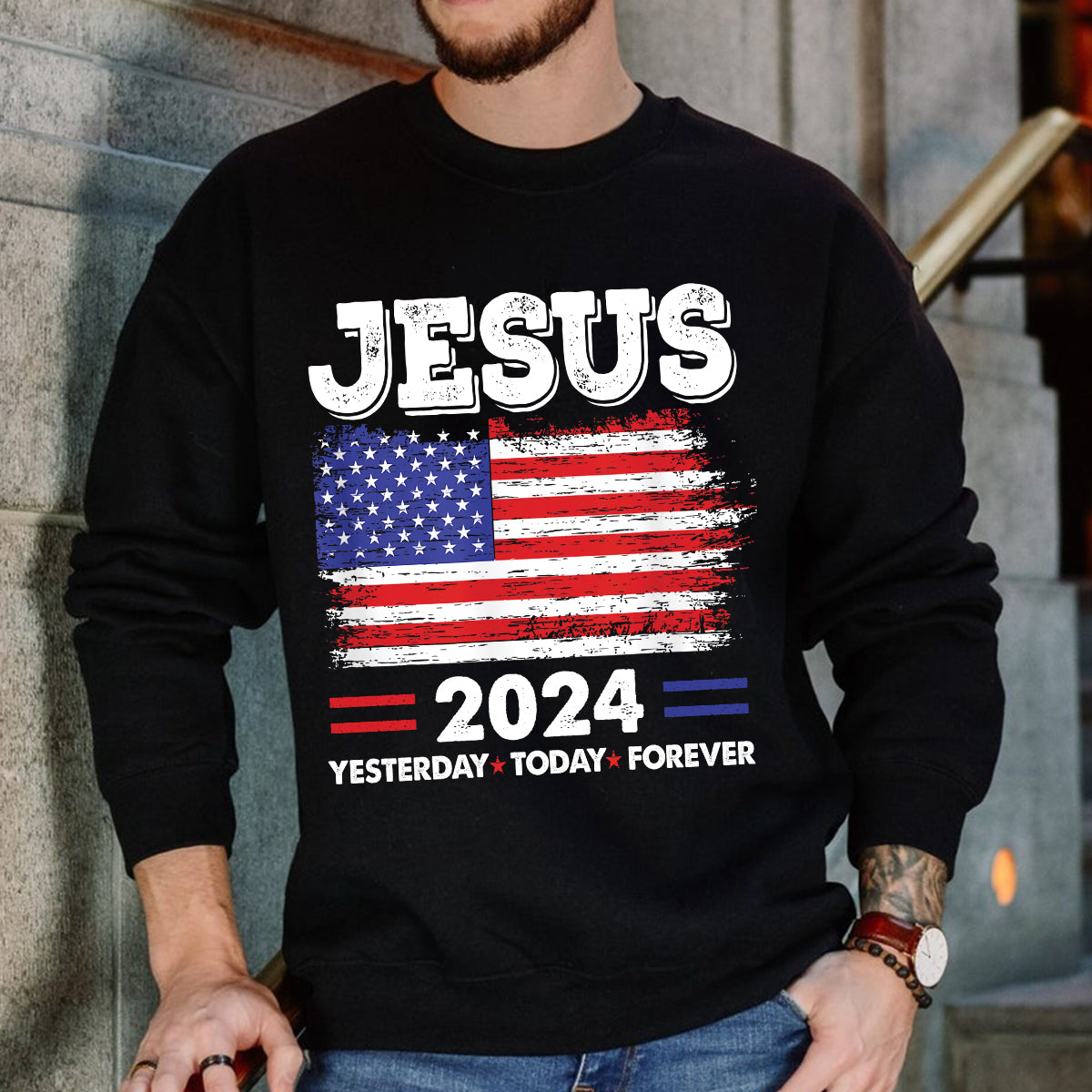 Teesdily | Jesus American Flag Shirt, Jesus 2024 Yesterday Today Forever Tee Sweatshirt Hoodie Mug, Christian American Patriotism Gifts