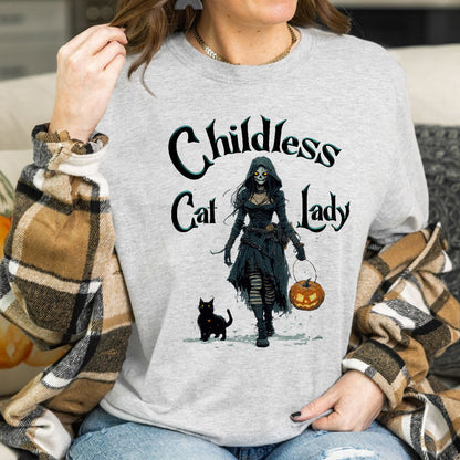 Teesdily | Childless Cat Lady Shirt, Halloween Pumpkin Witch And Cat Sweatshirt, Witchy Black Cat Hoodie Mug, Skeleton Witch T-shirt