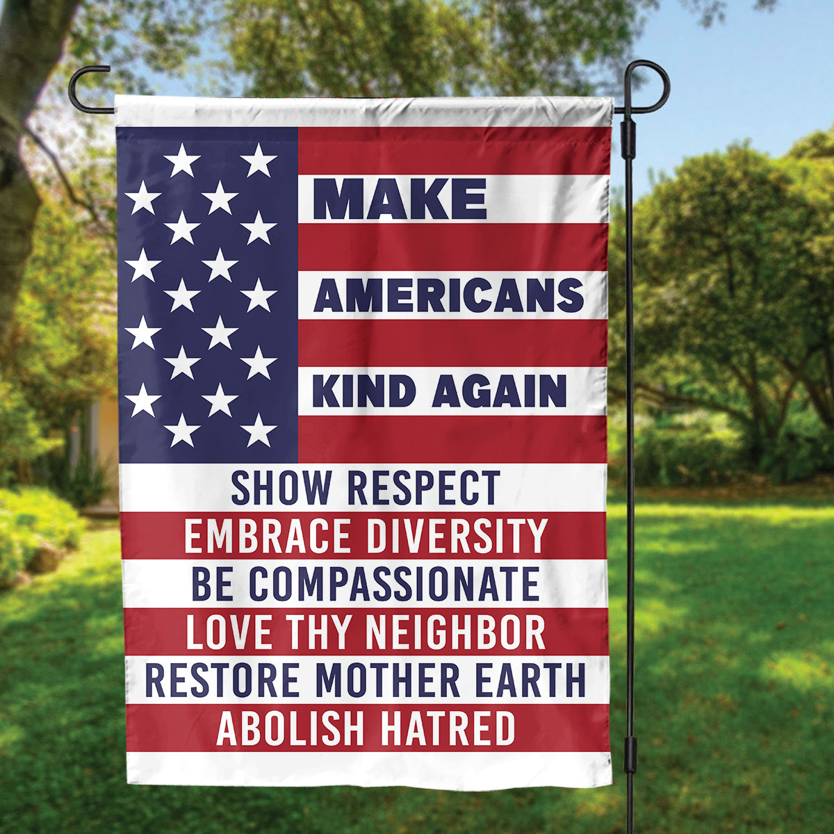 Teesdily | American House Flag, Make Americans Kind Again Show Respect House Flag, Patriot Gift, Christian Home Decor Flag