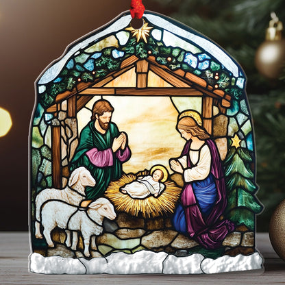 Teesdily | Nativity Scene Acrylic Ornament , Nativity Jesus Snowy House Christmas Ornament, Religious Jesus Lover Gift