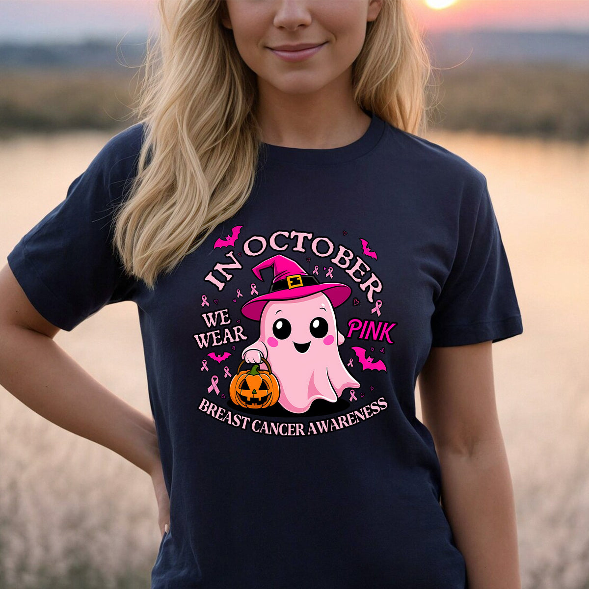 Teesdily | Cute Ghost Breast Cancer Awareness Shirt, In October We Wear Pink Tee Sweatshirt Hoodie Mug, Breast Cancer Support Warrior Gift