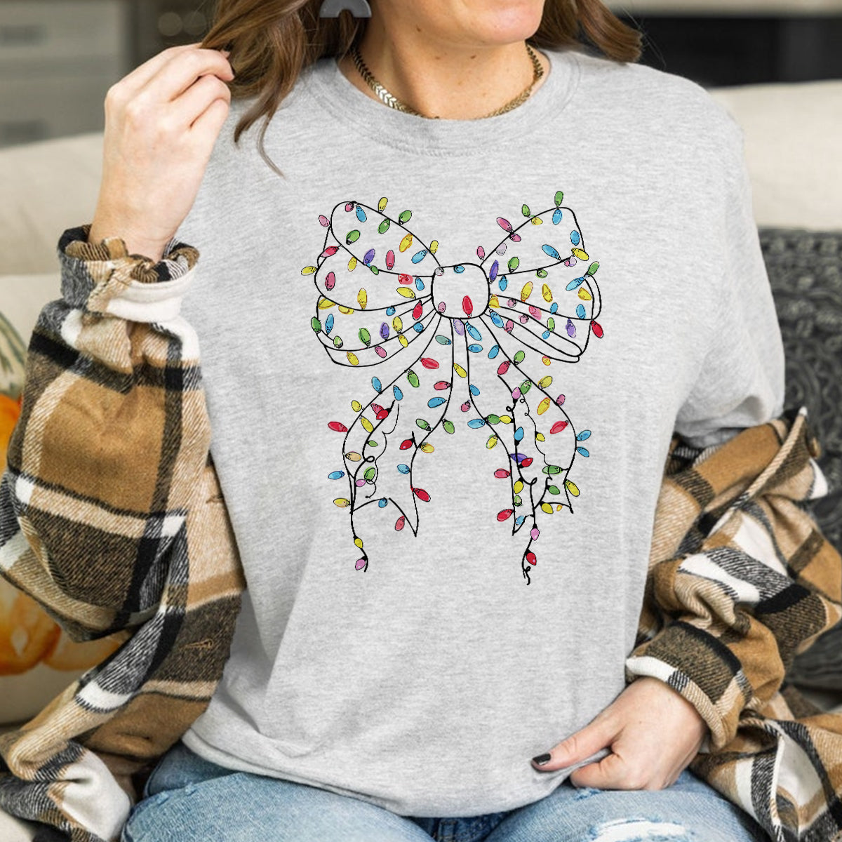 Teesdily | Christmas Light Bow Shirt, Christmas Coquette Bow Sweatshirt, Merry Xmas Coquette Bow Hoodie, Holiday Season Mug Gifts