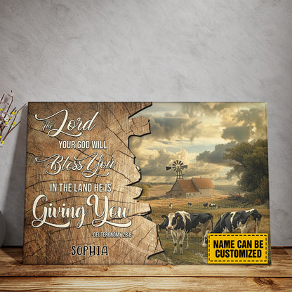 Teesdily | Personalized Dairy Cow Farming Painting Poster, The Lord Your God Will Bless You In The Land, Farmer Gift, Religious Poster Canvas