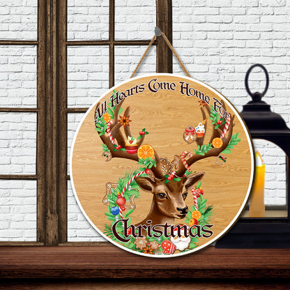 Teesdily | All Hearts Come Home For Christmas Round Wood Sign Reindeer Mistletoe Front Door Sign Merry Christmas Gift Ideas Dorm Welcome Sign