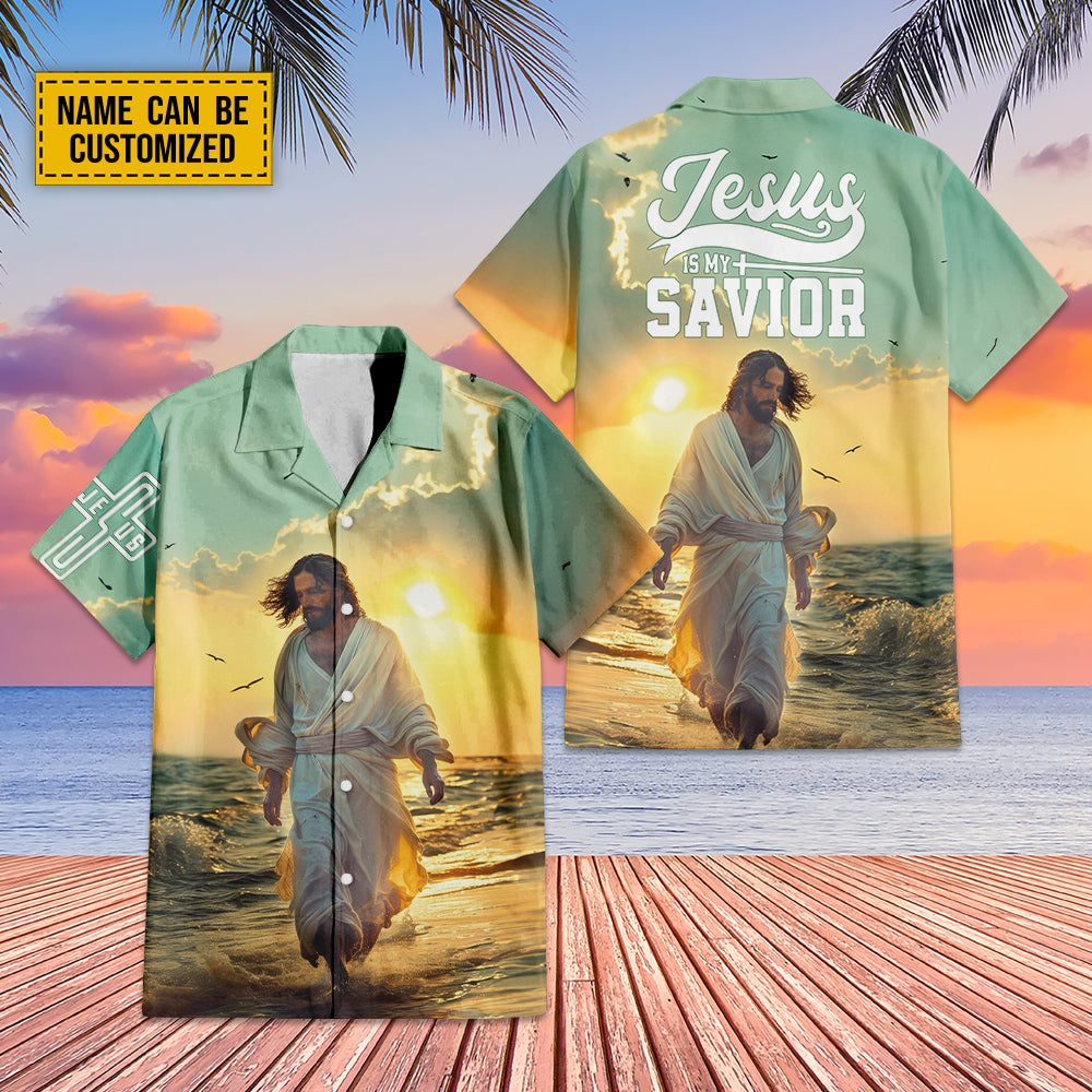 Teesdily | Custom Jesus Beach Sunset Hawaiian Shirt, Jesus Is My Savior Hawaii Set, Jesus Summer Aloha Shirt, Beach Party Outfit, Gift For Jesus Lover