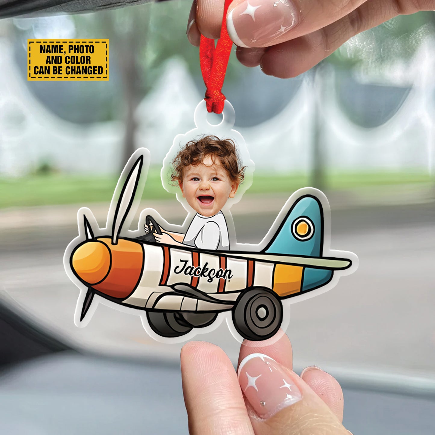 Teesdily | Personalized Kid's Face Acrylic Transportation Car Hanging, Car Air Plane Rocket Air Balloon Ornament, Custom Car Accessories, Family Gifts