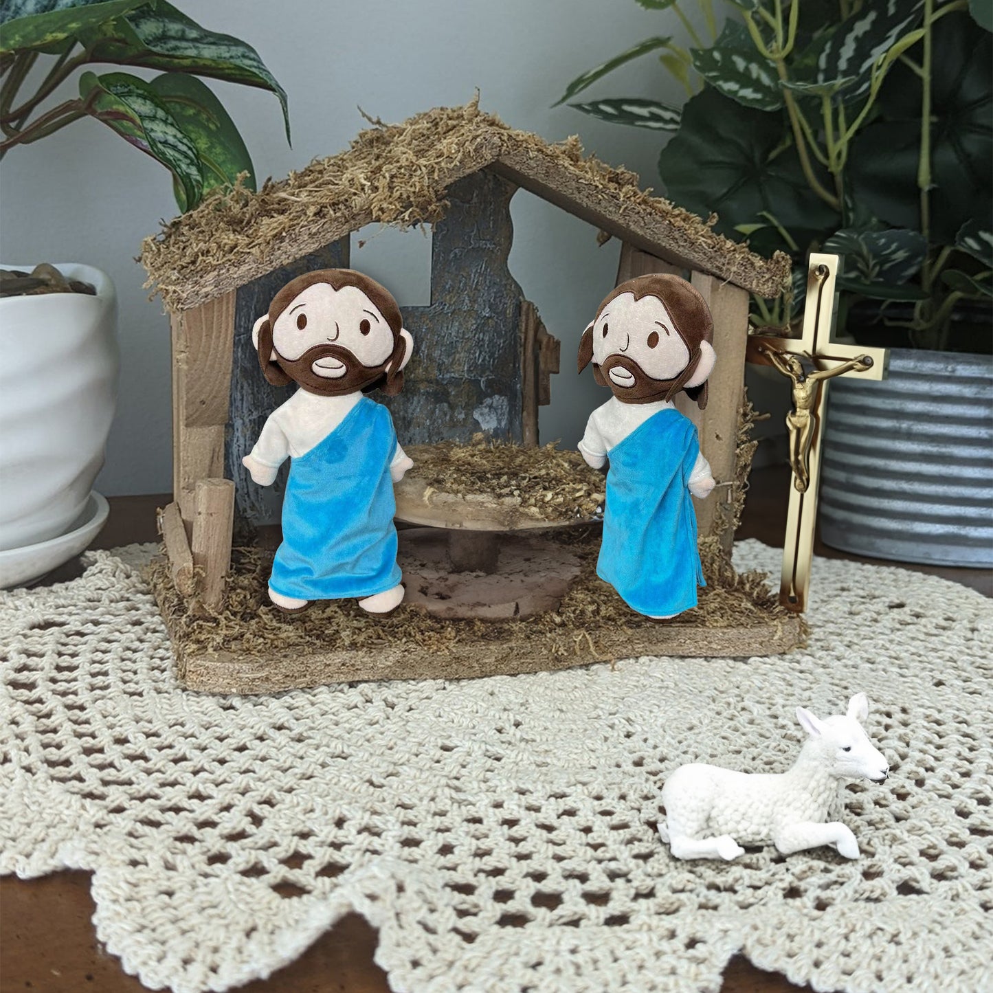 Teesdily | Blue Jesus Plush Doll, Jesus Baptism Plushie Soft Toy, Jesus Lovers Gift, Sleeping Gifts, Religious Christian Gift, Christmas Gift