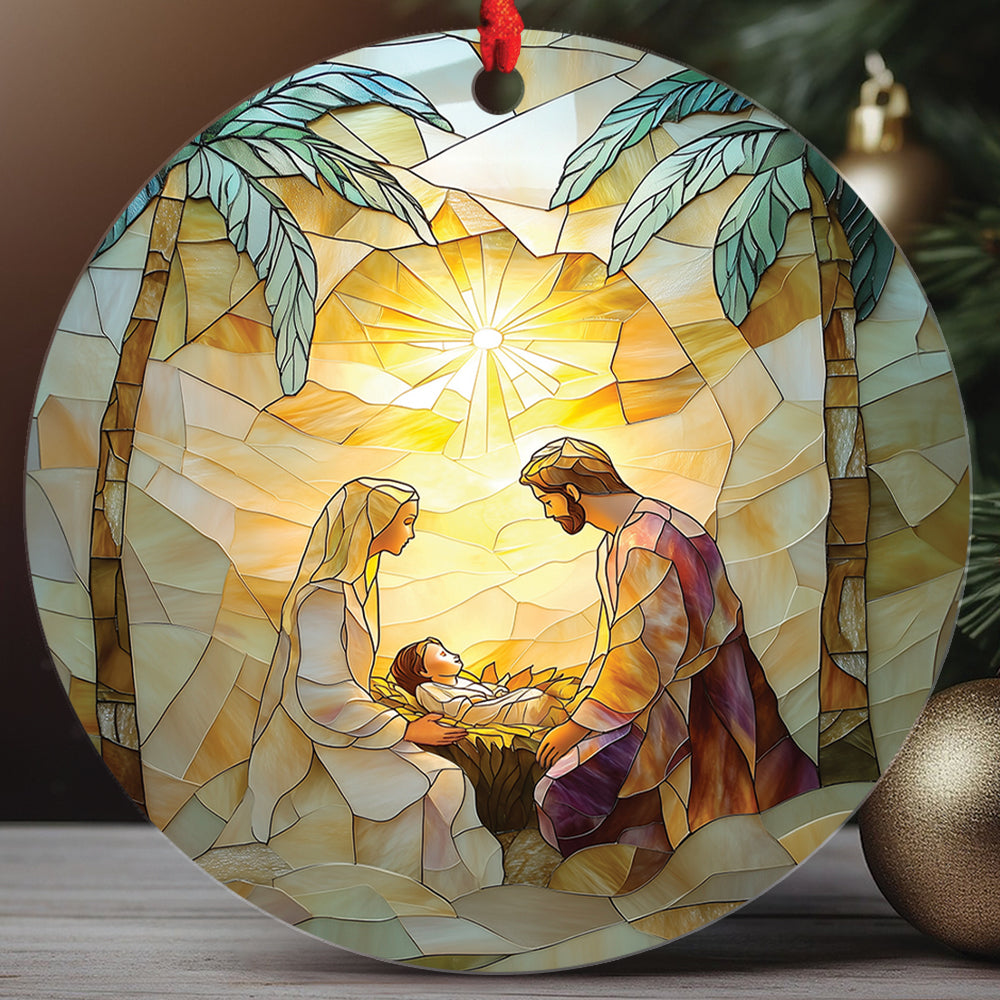 Teesdily | Holy Family Stained Glass Print Christmas Ornament, Jesus Nativity Ornament 2D, Religious Christian Scene Ornament Gift