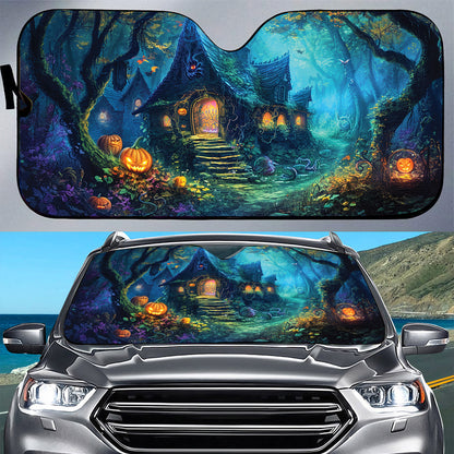 Teesdily | Halloween Hanted House Car Sunshade, Pumpkin Halloween Auto Sunshade, Witch House Garden Car Windshield Sunshade, Halloween Decoration