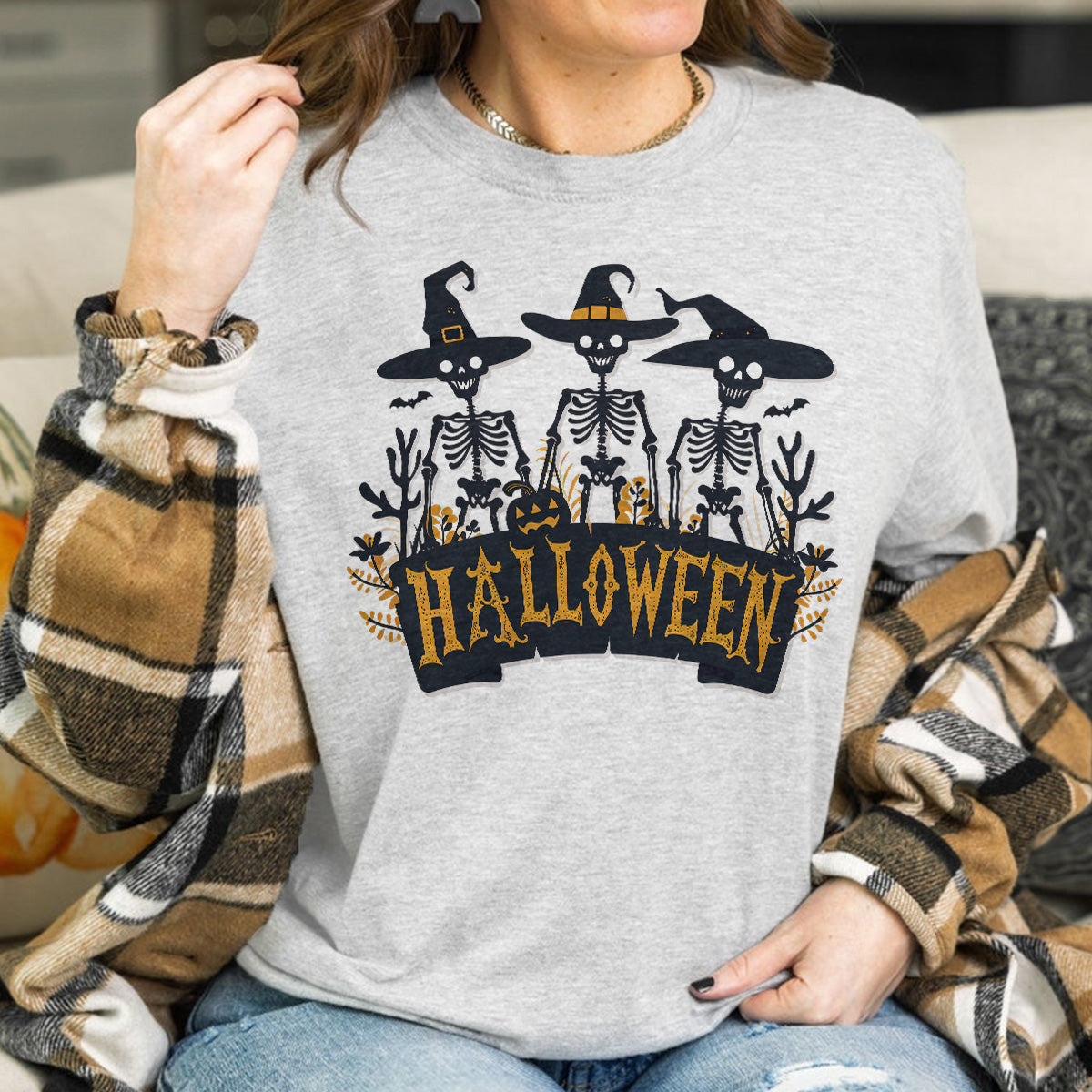 Teesdily | Skeleton Shirt, Happy Halloween Sweatshirt Hoodie Mug, Funny Skeleton Pumpkin T-shirt, Skull Bat Spooky Season Shirt, Halloween Gift