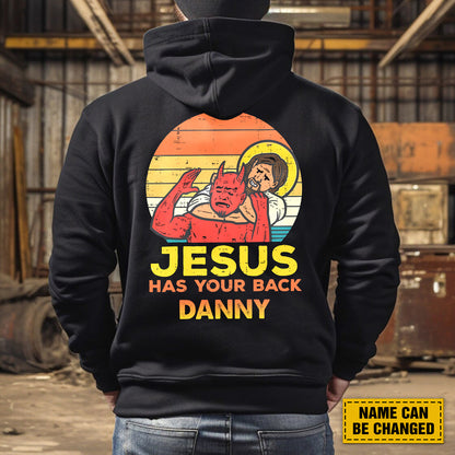 Teesdily | Customized Jesus And Devil Shirt, Jesus Has You Back Back Design Tee Sweatshirt Hoodie Mug, Jesus Lovers Gifts, Jesus Saves Me Shirt