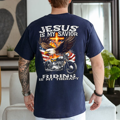 Teesdily | Motorcycle Usa Flag Shirt, Jesus Is My Savior Riding Is My Therapy Hoodie Sweatshirt Mug, Motorcycle Day Backside Shirt, Speed Lover Gifts