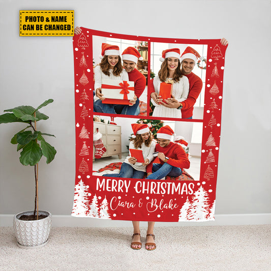 Teesdily | Christmas Blanket With Collage Picture Personalized Christmas Photo Gifts Custom Throw Blankets Xmas Keepsake Gifts For Family Friends