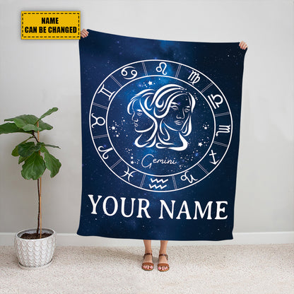 Teesdily | Gemini Personalized Fleece Blanket With Name Horoscope Design Sherpa Blanket Zodiac Sign Constellation Astrology Adult Kid Birthday Gifts