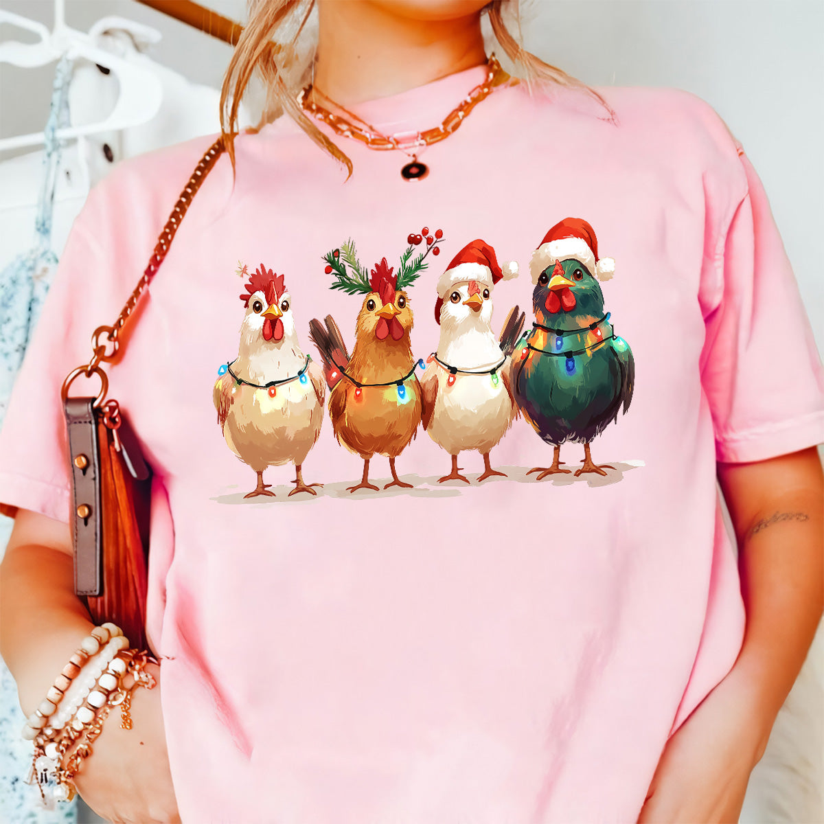 Teesdily | Christmas Chicken Light Shirt, Santa Chicken T-shirt, Farm Animal Sweatshirt, Christmas Farm Hoodie Mug, Chicken Lover Gift