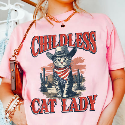 Teesdily | Childless Cat Lady Shirt, Childless Cat Lady For Comma La Sweatshirt Hoodie Mug, Vintage Cat Cowboy T-shirt, Kama-laa Tee, Patriot Gift