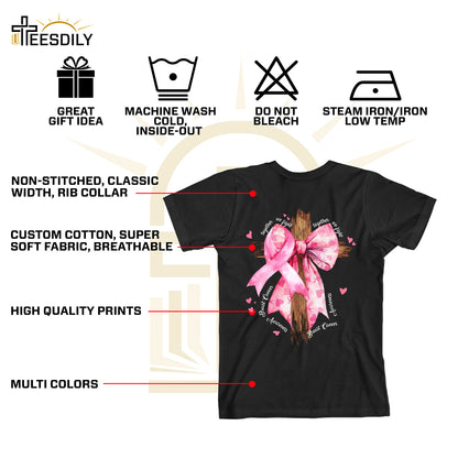 Teesdily | Pink Bow Cross Breast Cancer Shirt, Jesus Breast Cancer Sweatshirt, Together We Fight Cancer Hoodie Mug, Support Warrior Fighter Gift