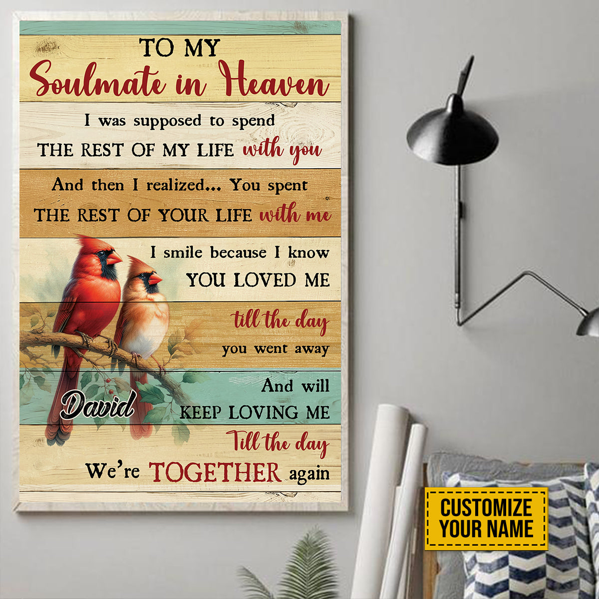 Teesdily | Customized Cardinal Bird Memorial Poster, To My Soulmate In Heaven Poster Canvas, Memorial Anniversary Gifts Memorial Remembrance Gifts