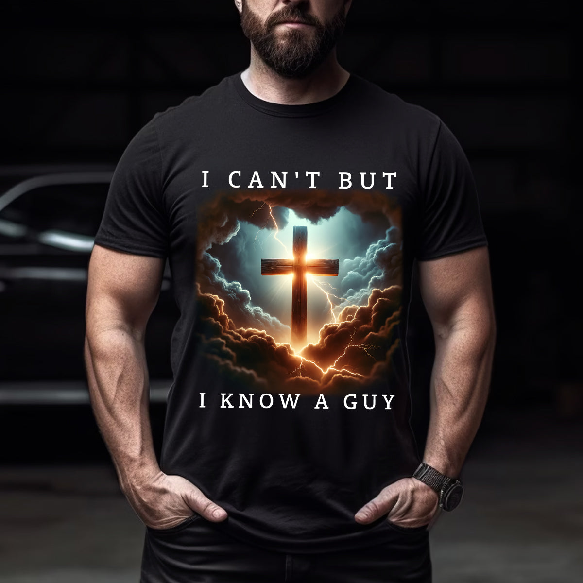 Teesdily | Jesus Cross Lightning Tops I Can't But I Know A Guy Tshirt Sweatshirt Hoodie Mug Jesus God Faith Believer Christian Family Matching Gifts