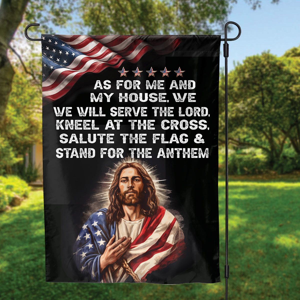 Teesdily | Jesus American Garden Flag, As For Me And My House, We Will Serve The Lord House Flag, American Patriotic Flag, Jesus Outdoor Decor Gift