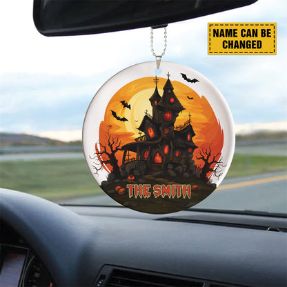 Teesdily | Customized Halloween Haunted House Ornament Car Hanger Rear View Mirror, Pumpkin Bat Spooky Halloween Decor, Holiday Halloween Gifts