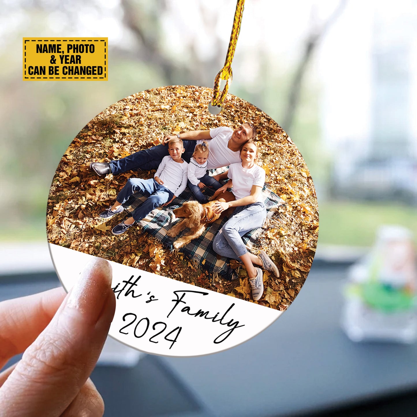 Teesdily | Personalized Family Picture Ornament Rear View Mirror Accessories, Unique Christmas Ornament, Family Memorial Ornament, Christmas Gift