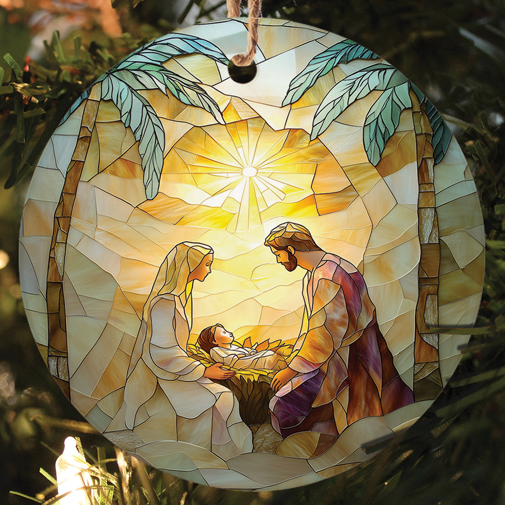 Teesdily | Holy Family Stained Glass Print Christmas Ornament, Jesus Nativity Ornament 2D, Religious Christian Scene Ornament Gift