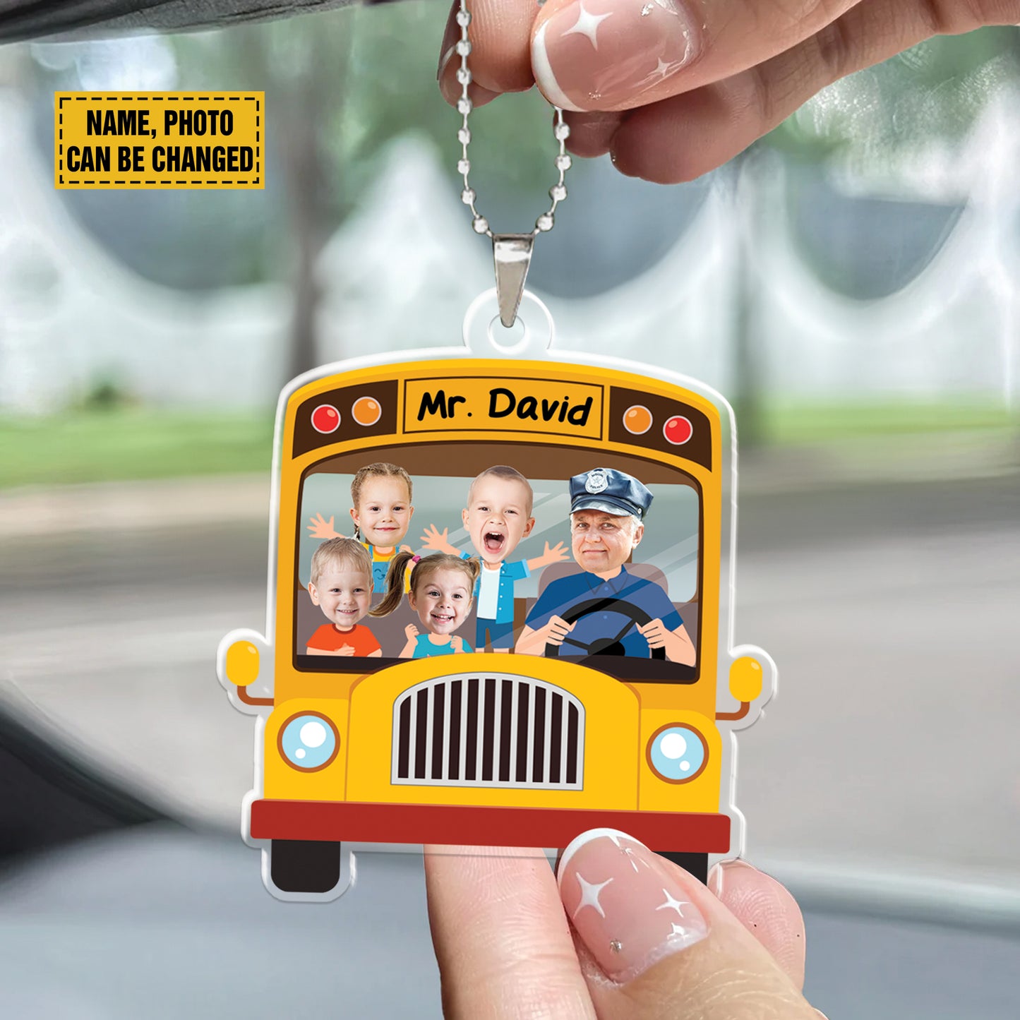 Teesdily | Customized School Bus Ornament With Face Photo, Bus Driver Ornament Plastic, School Bus Driver Car Hanger Acrylic Ornament, Gift For Kids