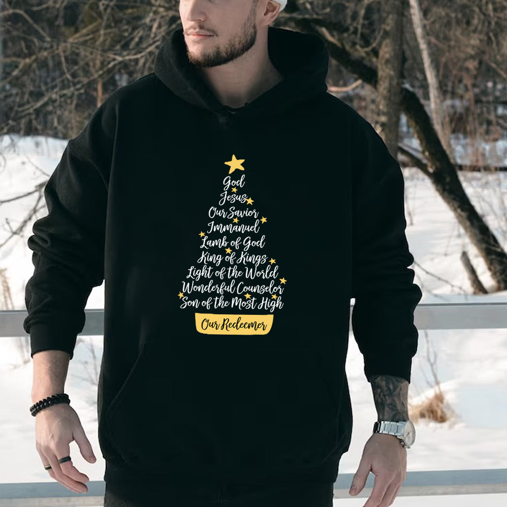 Teesdily | Jesus Name Christmas Tree Shirt, Names Of Jesus Sweatshirt, God Jesus Our Redeemer Star Hoodie Mug, Religious Gift