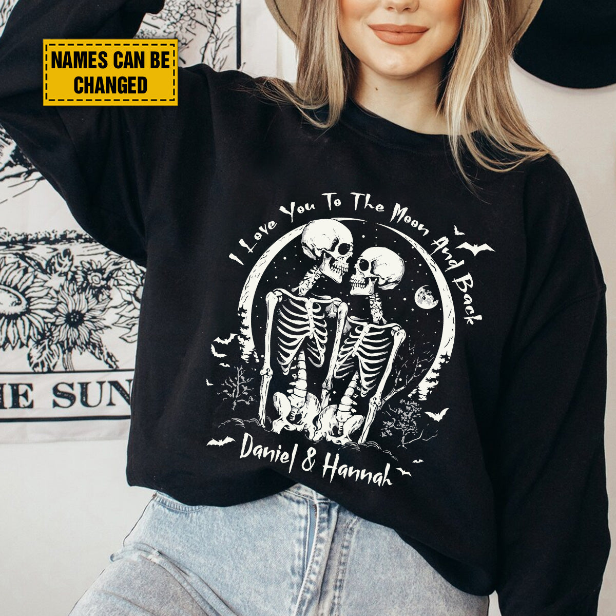 Teesdily | Customized Couple Skeleton Shirt, I Love You To The Moon And Back Hoodie Sweatshirt Mug, Matching Couple T-shirt, Wedding Halloween Gift