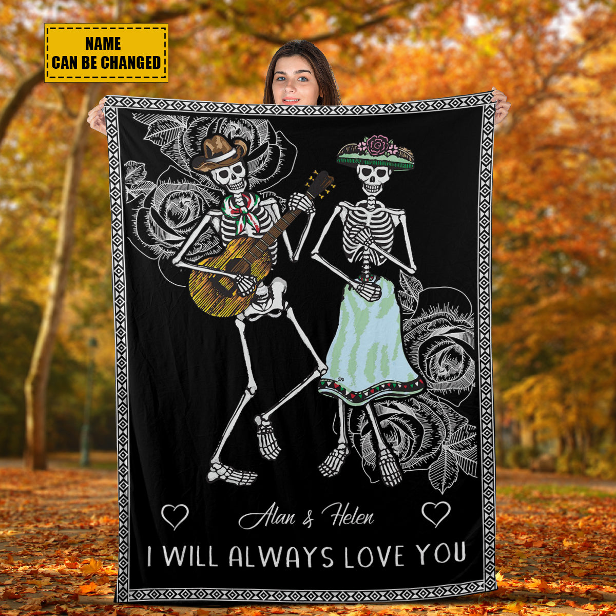 Teesdily | Day Of The Dead Skeleton Couple Personalized Fleece Blanket I Will Always Love You Throw Blanket Couple Halloween Bedroom Decor