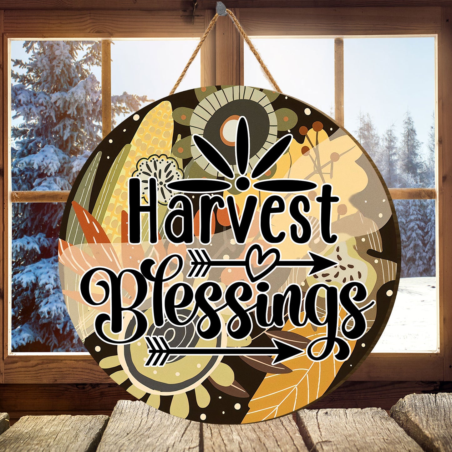 Teesdily | Autumn Harvest Blessings Thanksgiving Round Wood Sign Happy Autumn Home Decoration Outdoor Rustic Sign Farmhouse Decor Housewarming Gifts