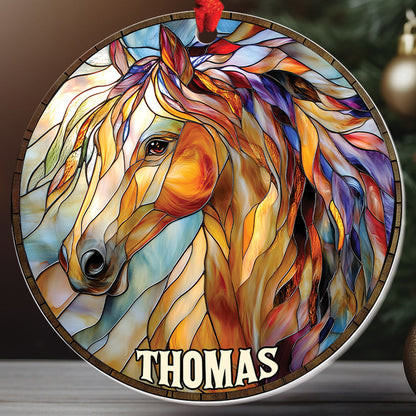 Teesdily | Personalized Horse Ornament, Christmas Horse Stained Glass Printed 2D Ornament, Horse Lover Gift Christmas Decor