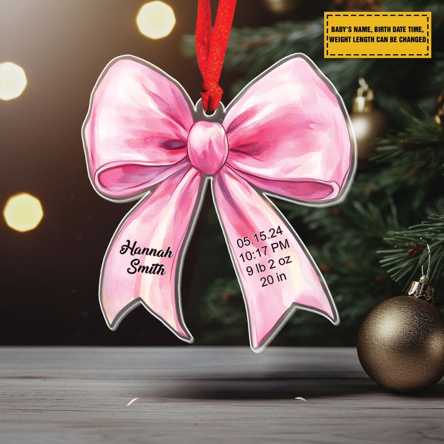 Teesdily | Customized Christmas Coquette Bow Ornament, Baby's First Christmas Ornament, Baby Birth Information Ornament Xmas Gift