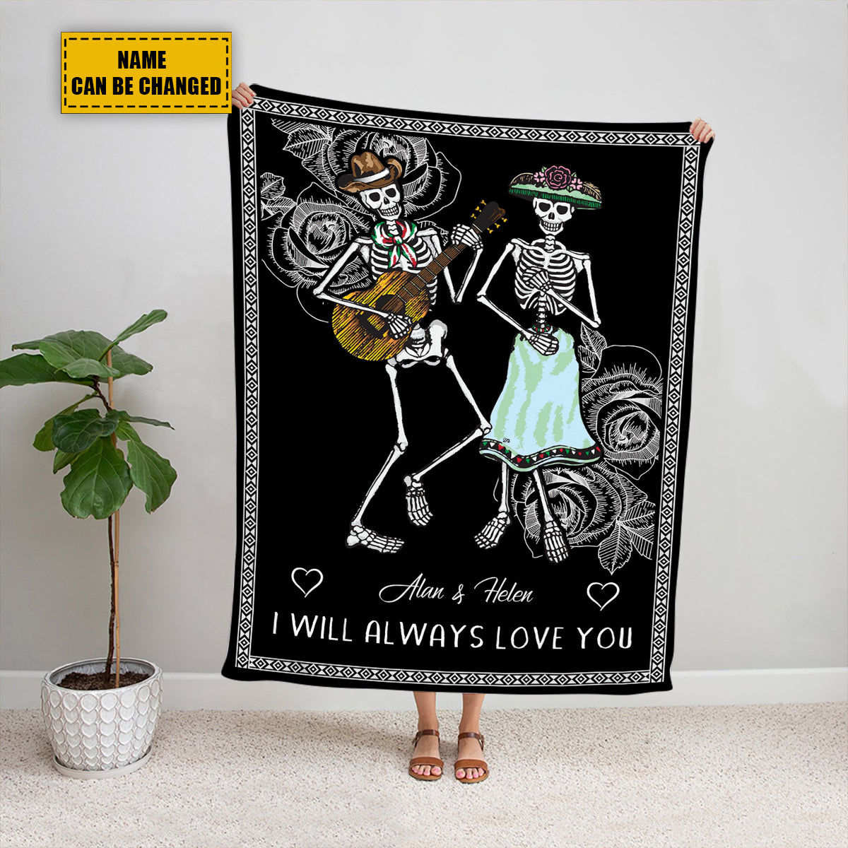 Teesdily | Day Of The Dead Skeleton Couple Personalized Fleece Blanket I Will Always Love You Throw Blanket Couple Halloween Bedroom Decor